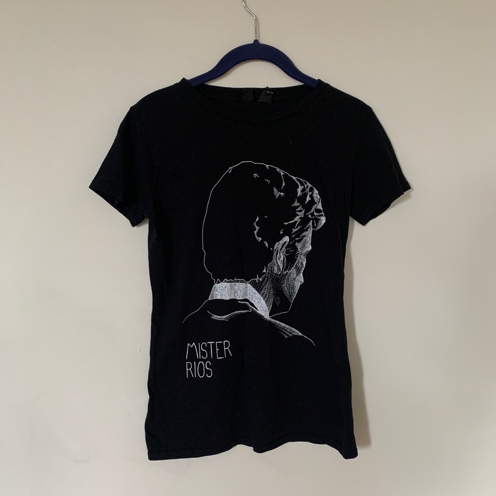 Black cotton T-shirt with white “Mister Rios” graphic by Berlin artist, size M